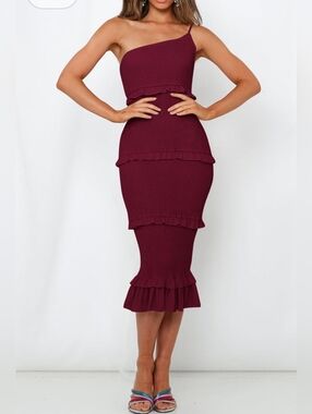 Pretty Garden Midi Bodycon Dresses One Shoulder Strappy Tiered Ruffle NWT size S